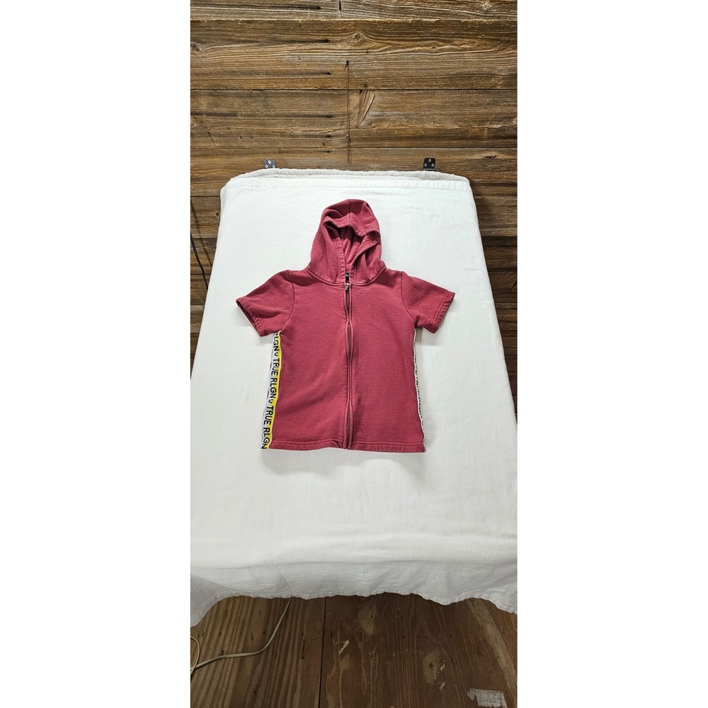 True Religion Kids Burgundy Short Sleeve Zip Up Hoodie Logo Tape Red Size Large